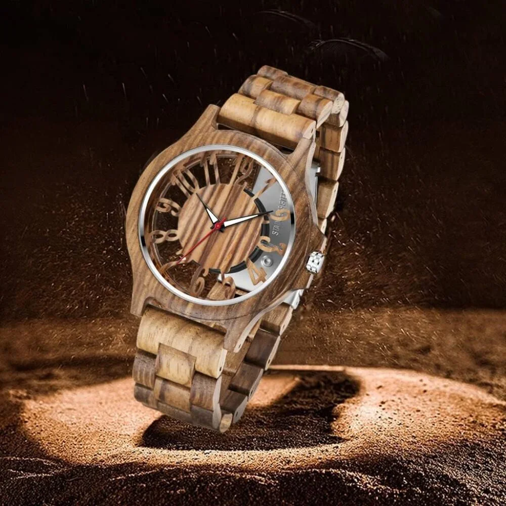 Men's Silver Brown Lightweight Wooden Analog Quartz Deployment Closure Watches